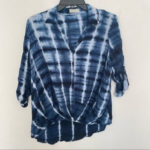 Just Living Blouse Womens Size Small Blue Tie Dye Knot Front High Low Boho Read